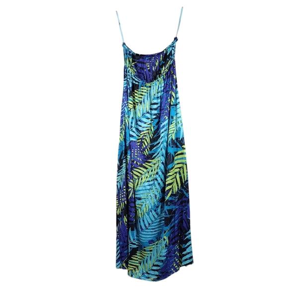 Sweet Like Honie Silk Tropical Blue Green Flowy Beach Casual Long Maxi Dress - Picture 1 of 8